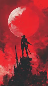 Lone futuristic warrior rises boldly beneath a blazing red moon