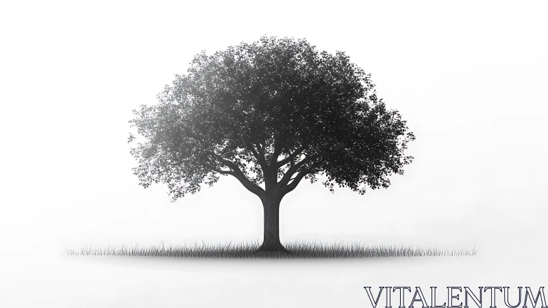 Solitary tree stands in soft grayscale minimal landscape.
