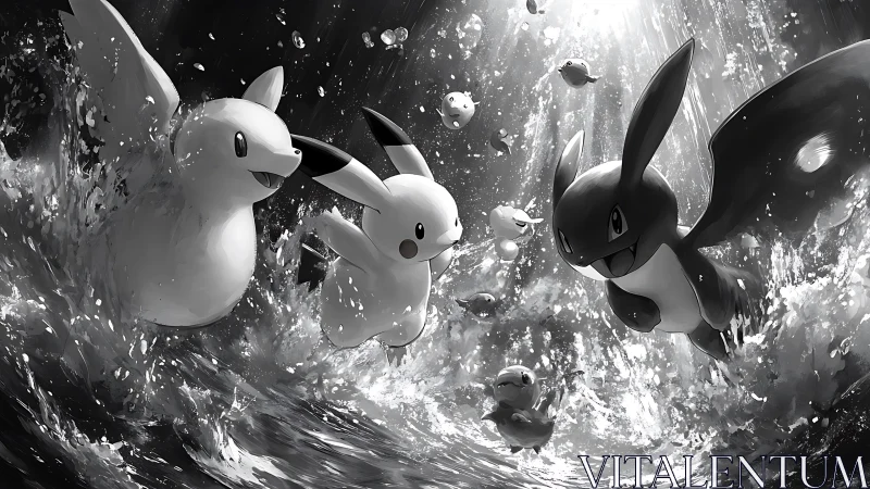 Playful creatures surfing stormy waves in bright monochrome.