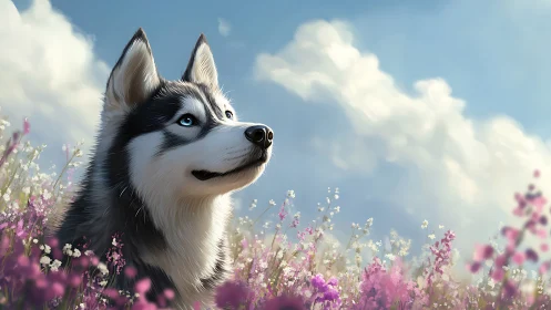 Husky daydreams beneath drifting clouds and wildflowers.