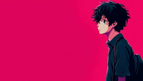Solitary anime boy in profile against vivid magenta void.