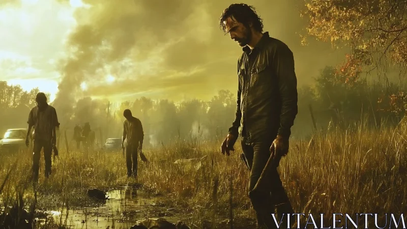 Man walking through field with zombies at sunset after crisis.