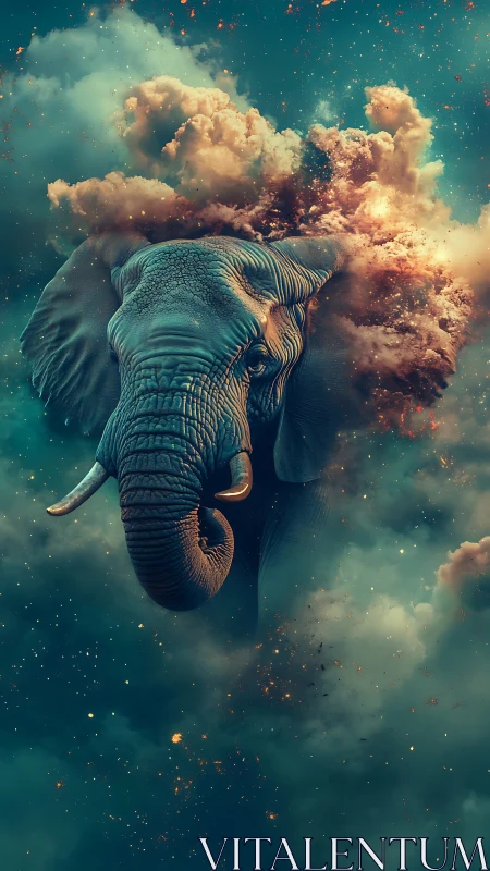 Celestial elephant emerging through cosmic storm clouds.