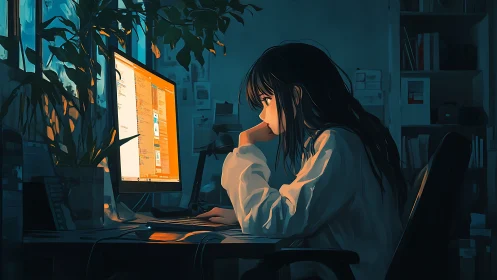 Office workstation girl in warm monitor glow at night.