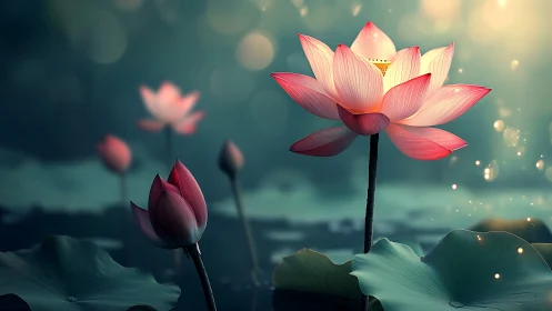 Digital rendering of lotus flowers with layered depth and atmospheric lighting effects.