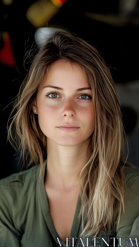Softly lit portrait of young woman with calm direct gaze.