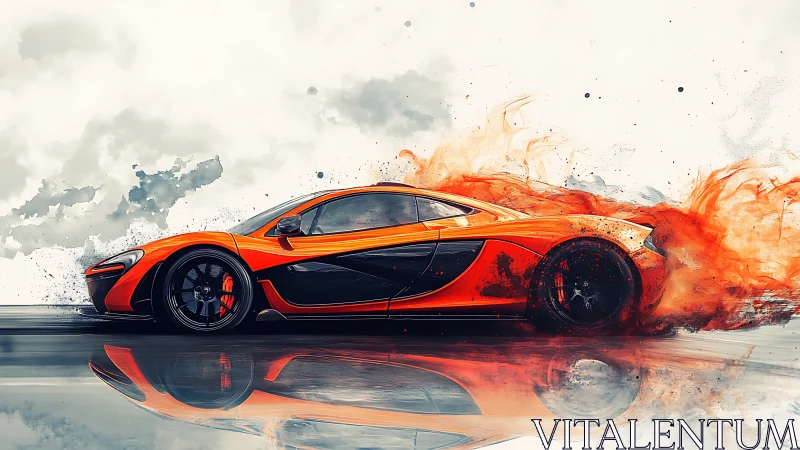 Orange supercar with fiery abstract motion trail art