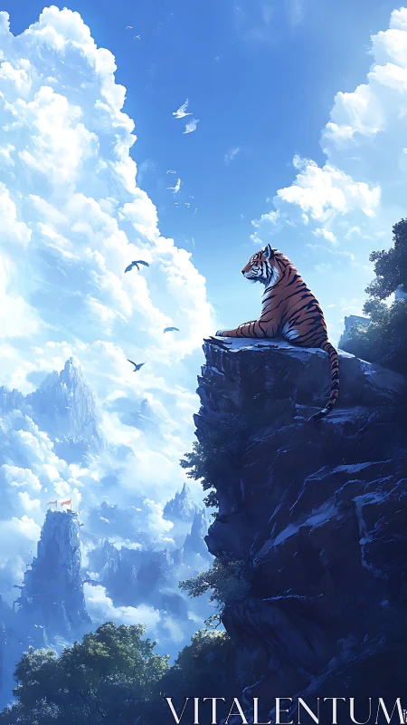 Tiger on mountain ledge overlooking distant cloud valley.