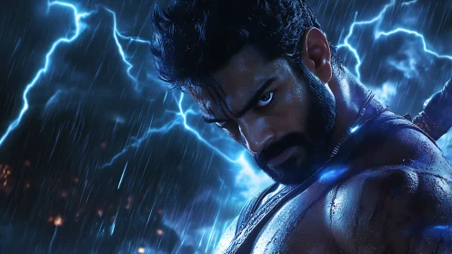 Cinematic warrior portrait in storm-lit high-contrast framing.