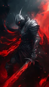 Dark armored knight with flaming crimson sword stands poised.