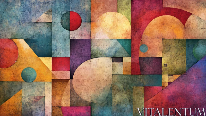 Textured geometric abstraction with intersecting circles and planes