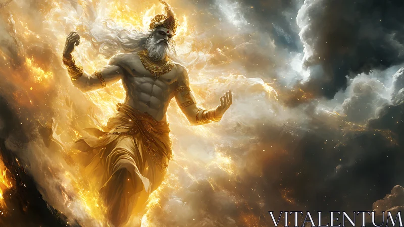 Mythic male figure amid luminous clouds and firestorm.