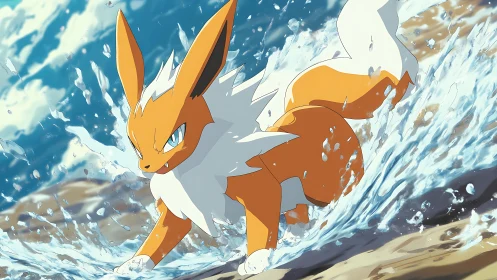 Dynamic anime creature sprinting through crashing shoreline surf