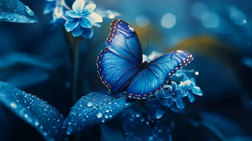 Iridescent blue butterfly resting over dew-kissed foliage.