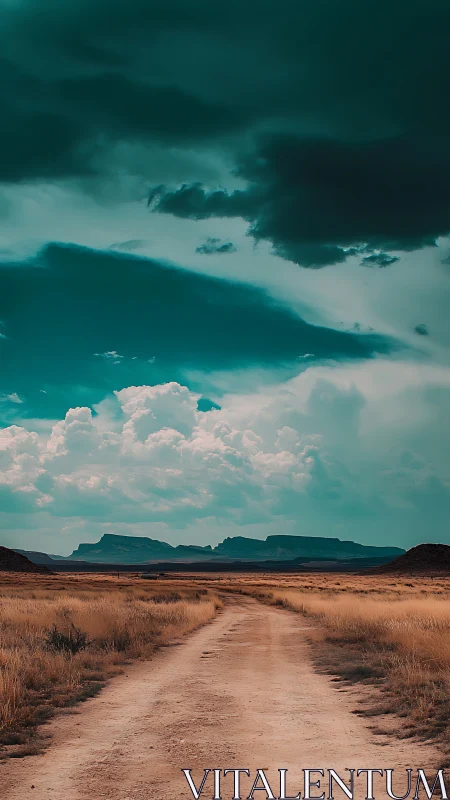 Desert road leads into distant mesas beneath stormy teal sky.