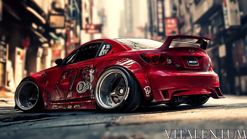 Street-tuned red Mazda coupe in stylized urban alleyway.