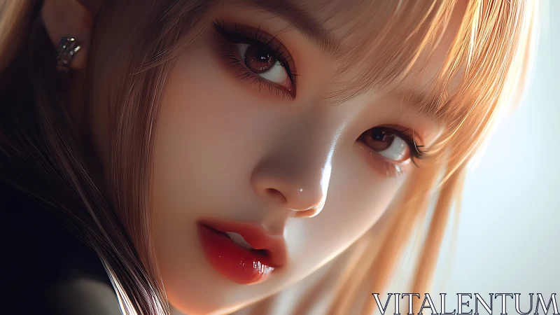 Hyperreal close-up portrait with luminous peach tones.