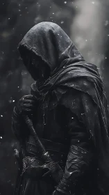 Hooded swordsman stands in snow-dimmed monochrome gloom
