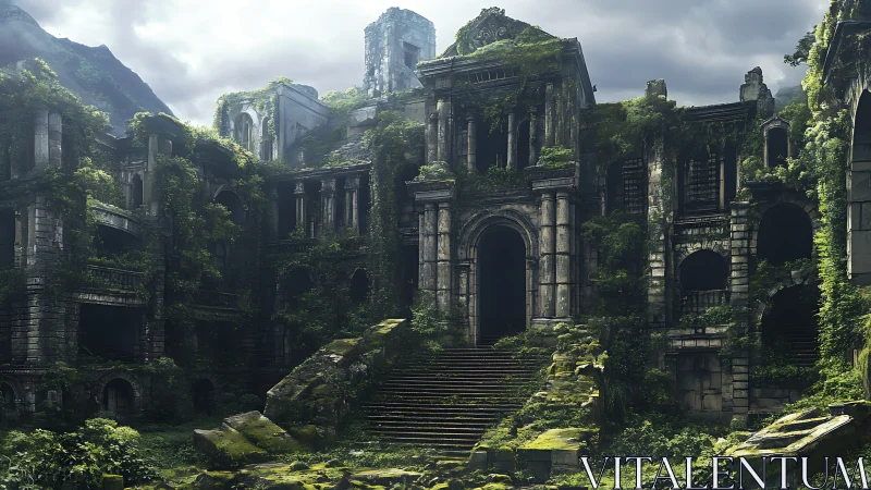 Overgrown stone ruin with grand arches and stairways.