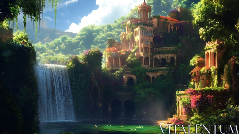 Terraced neo-classical jungle citadel beside luminous waterfall