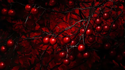 Crimson fruit branches glow against deep shadowed foliage.