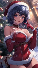 Anime character in red Christmas outfit before holiday tree.