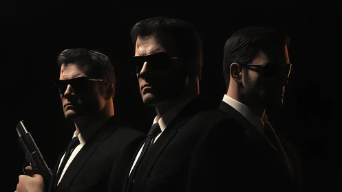 Three armed agents stand in shadow, exuding covert tension