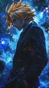Brooding anime hero in suit amid electric blue stormscape.