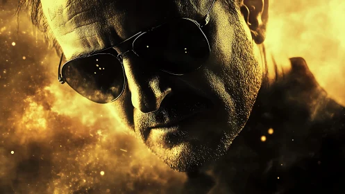 Smoldering gaze in golden smoke and shadowed sunglasses.