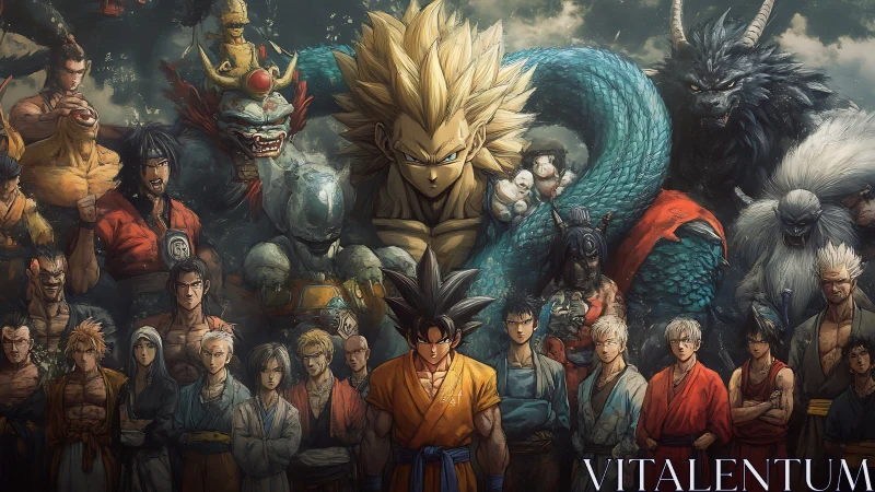 Epic anime warriors and mythic beasts in cinematic group tableau