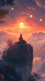 Peaceful mountain meditation under a glowing sunset sky.