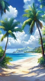 Tropical Paradise Beach: Palm-Framed Coastline with Mountain Vista