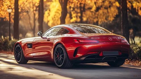 Red Mercedes-AMG GT coupe parked on tree-lined road.