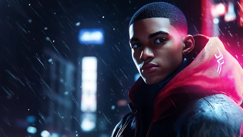 Neon rain vigil: young hero burns bright in city storm.