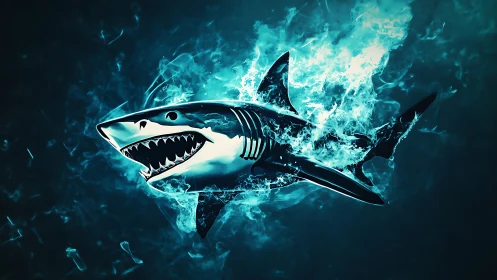 Fierce digital shark lunging through glowing blue water.