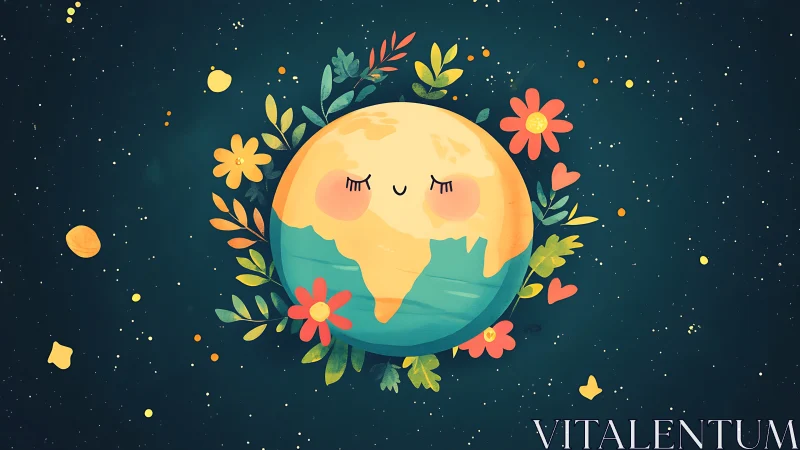 Whimsical anthropomorphic Earth encircled by floral orbit.