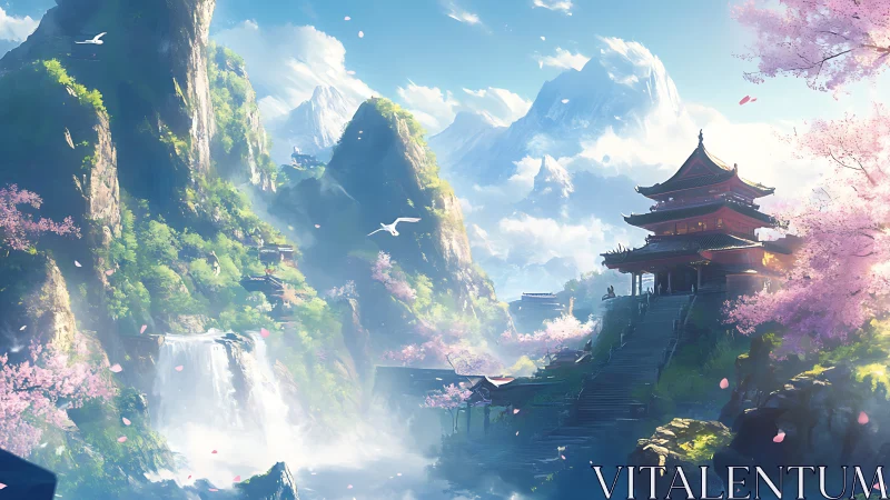 Mountain temple valley with cherry blossoms and waterfall.