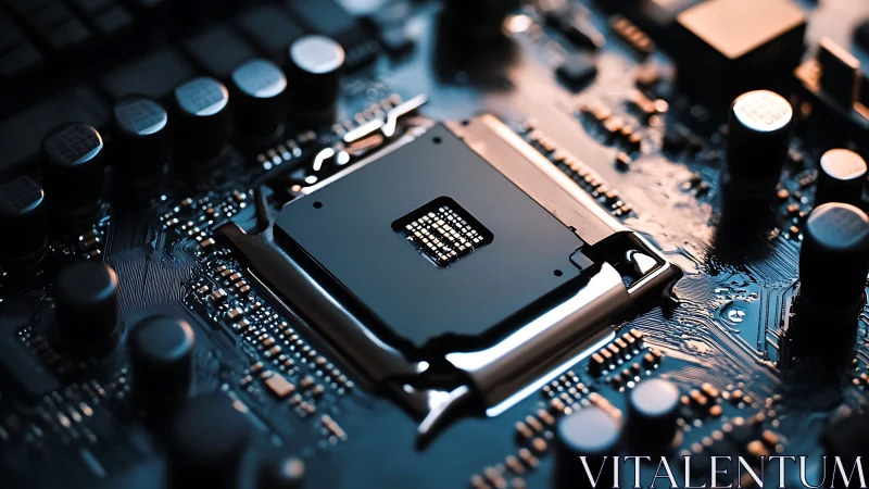 CPU socket on high-density motherboard under cool lighting