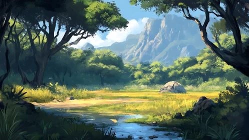 Mystical Valley: Ancient Forest Clearing Beneath Towering Peaks