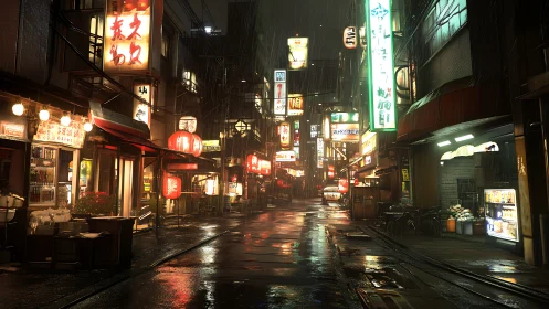 Rain-soaked neon alleyway captures atmospheric city night.