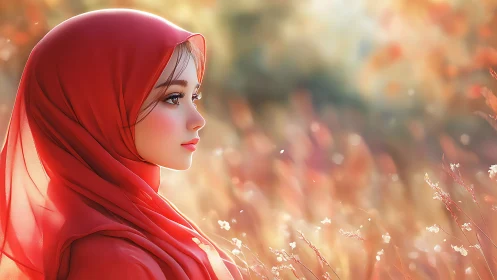 Side-profile portrait in warm backlit field with red hijab