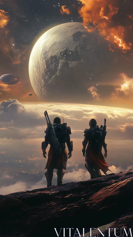 Armored explorers observing distant planetary horizon.