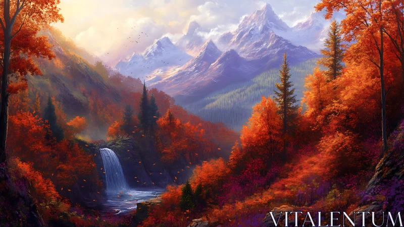Autumn valley landscape with waterfall and snowcapped peaks.