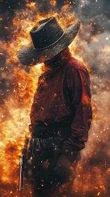 Lone fiery cowboy wrapped in embers and quiet resolve.