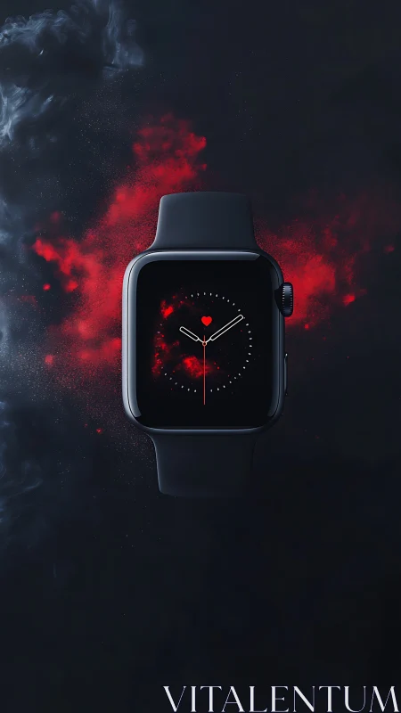 Midnight smartwatch cradles a pulsing nebula of crimson dust