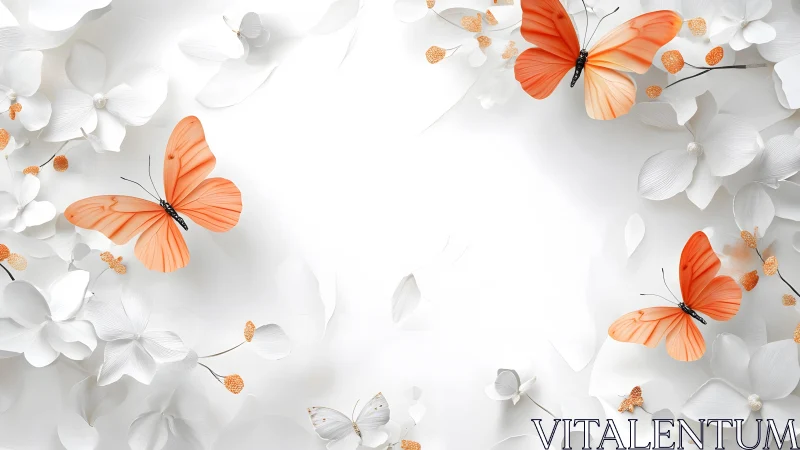 Elegant Orange Butterflies with White Floral Background, Modern Art.