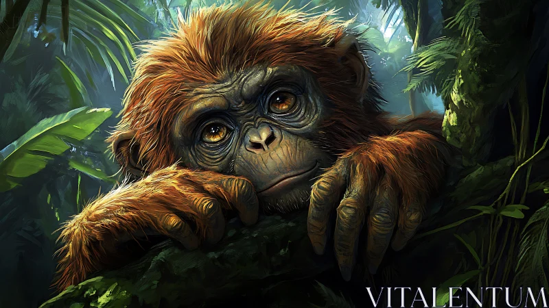 Young orangutan resting on mossy jungle tree branch.