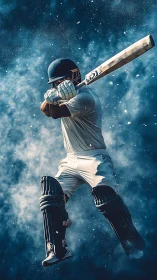 Cricket batsman mid-air swing amid dramatic dust burst.