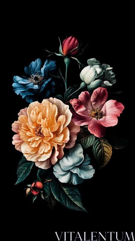 Velvet petals dance in darkness: A baroque floral symphony blooms.