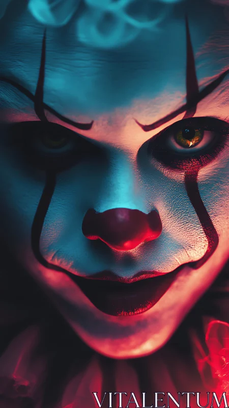 Clown face in close-up under mixed red and blue lighting